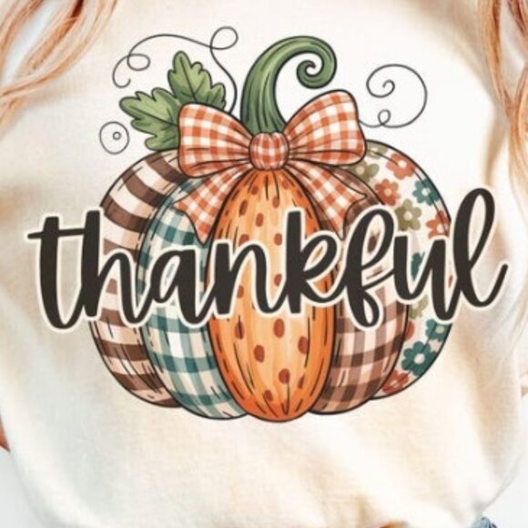 Patchwork Pumpkin T-Shirt, Thankful Shirt, Thanksgiving Tee - Picture 2 of 4